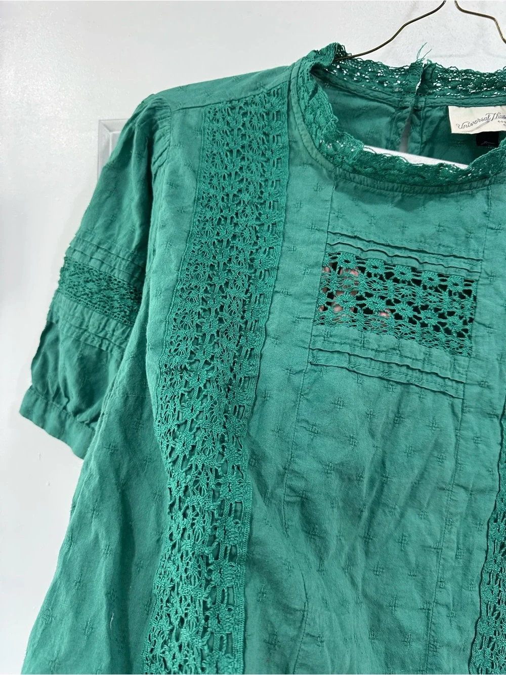 Girls Green Crochet-Trim Short Sleeve Cotton High Neck Puff Sleeve Blouse Top